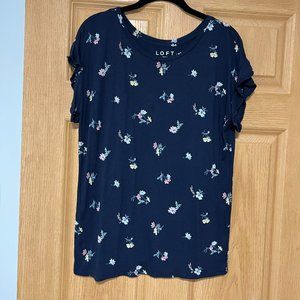 Loft Navy Floral Ruffle Short Sleeve Top